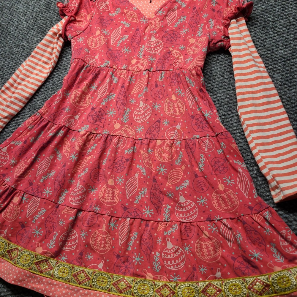 Matilda Jane Girls Pink Christmas Ornament Tiered Dress Long Sleeve Size 6